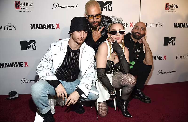 Madonna with Sasha Kasiuha, Ricardo Gomes and Nuno Xico at the NYC premiere of the Madame X documentary