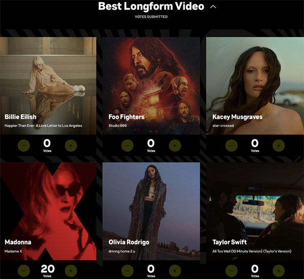 Nominations for Best Longform Video at the 2022 VMA