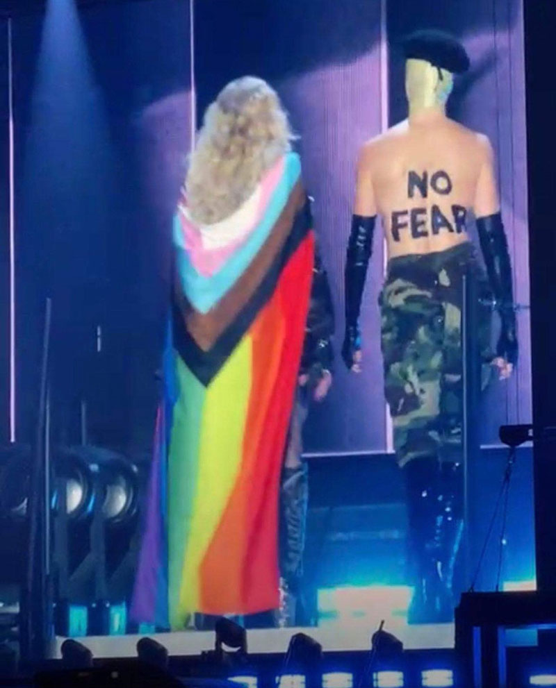 Madonna wears the Progress Pride flag during her Celebration Tour in London